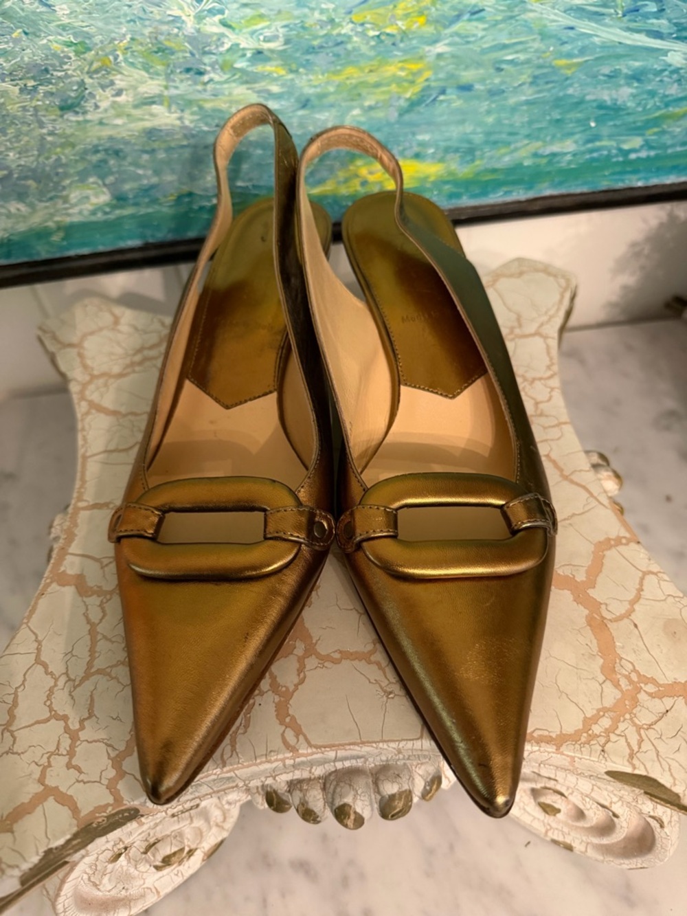 J. Crew Metallic Bronze Pointed Slingback Flats with Decorative Buckle